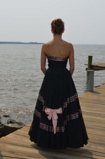 Absolutely Fabulous 1940s Vintage Black & Pink Chiffon Dress w Black Lace over Pink Ribbon trim 34 Bust Red Carpet Worthy