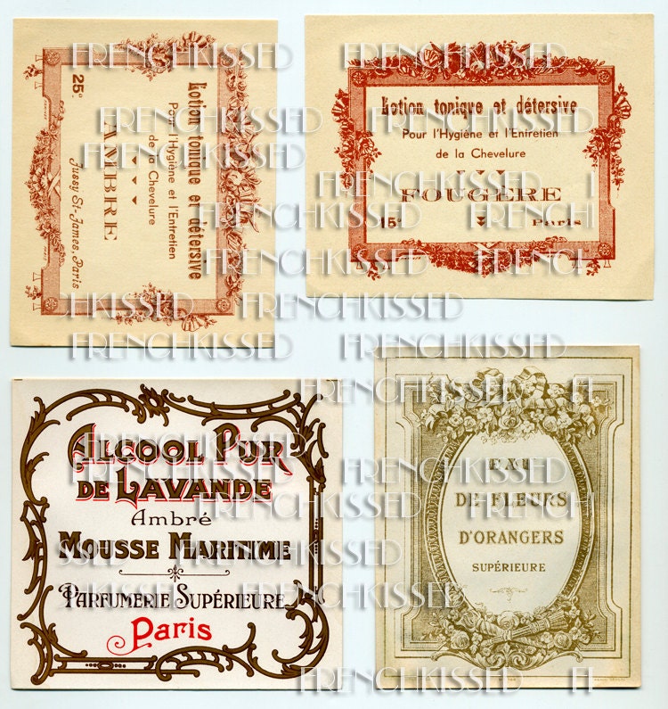 Instant Download DIGITAL scans 4 FRENCH Perfume and Hair tonic Labels Art Nouveau PARIS Gold Scrolls Photos