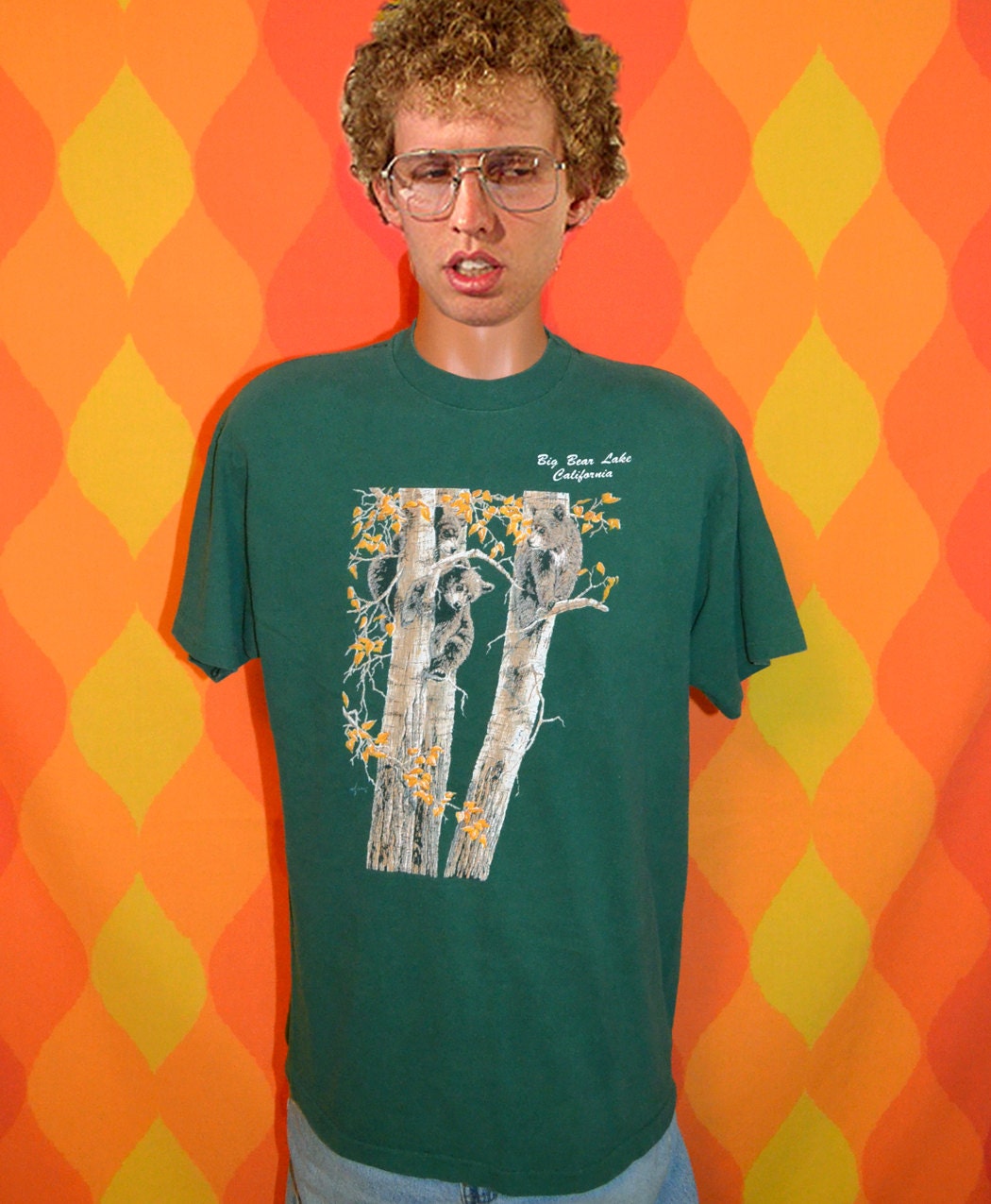 vintage 80s t-shirt BIG BEAR lake california nature animal forest tee shirt Large green
