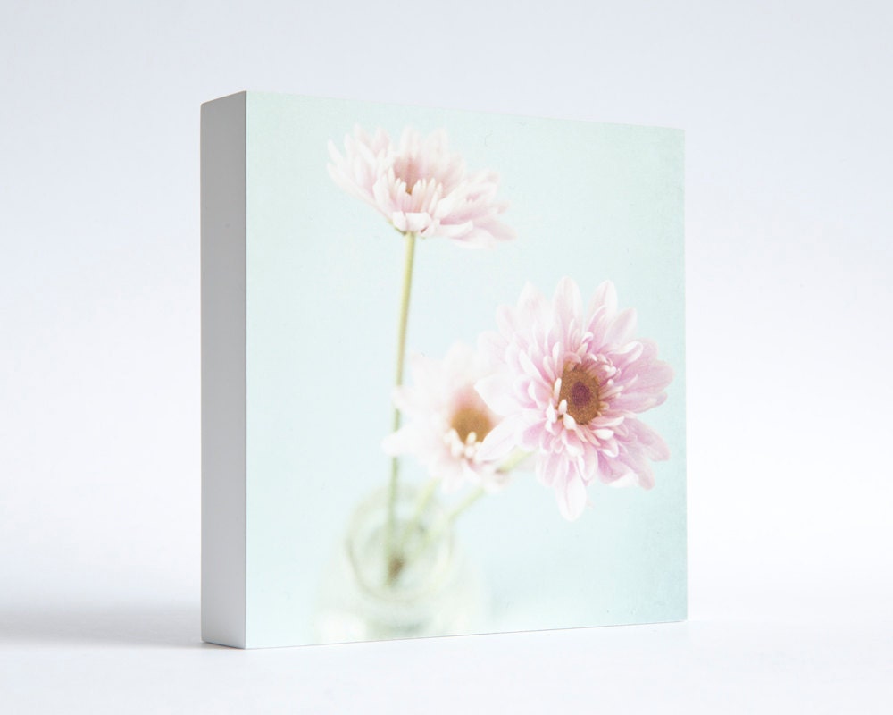 Pretty in Pink - Photo Block - pale blue and dusky pink, flowers, botanic, floral, shabby chic, cottage chic decor