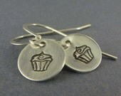 Initial Jewelry - Tiny Hand Stamped Charm Cupcake Earrings
