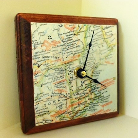 Vintage 1958 Map of New England and Vicinty Handmade Wood Clock by cadencedesigns on etsy