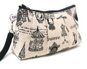 Clutch Purse Rectangle Wristlet - All Things French - Black on Natural Linen