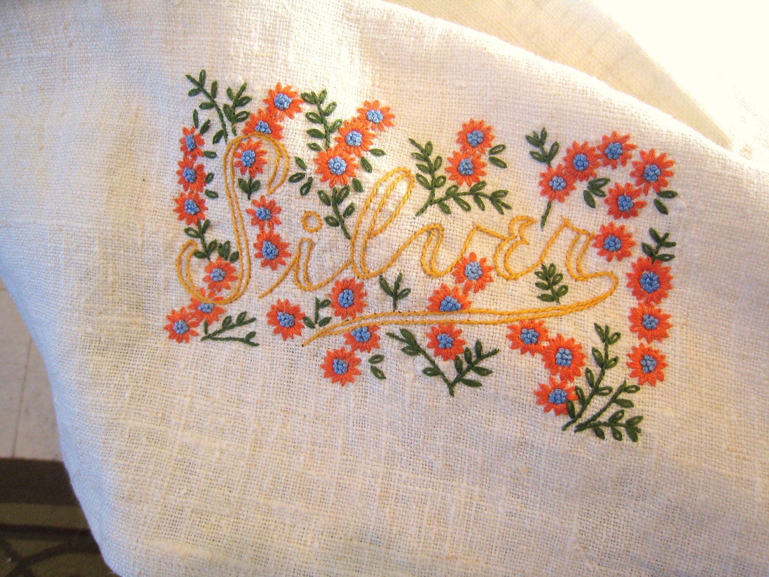 Vintage Homespun Linen Towel Circa 1960 Exquisite Hand Embroidered Mid Century Colors Silver Golden Yellow Orange and Periwinkle Blue