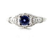 14K Vintage Art Nouveau Blue Sapphire Ring Blue Sapphire Engagement Ring Diamond 14K 18K Gold Platinum Custom Bridal Jewelry