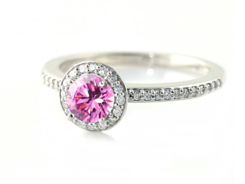 14K Pink Sapphire Ring Diamond Halo Sapphire Engagement Ring Custom 18K Platinum Palladium Bridal Jewelry