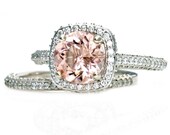 Morganite Engagement Ring and Wedding Band Diamond Halo Morganite Ring 14K White Yellow Rose Gold Bridal Jewelry