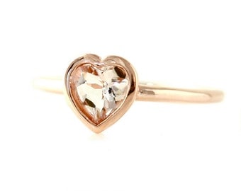 Morganite Heart Ring 14K Rose Gold Bezel Solitaire Custom Gemstone Ring 14K White Yellow Rose Gold