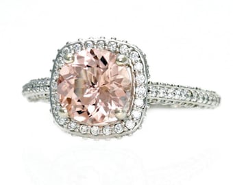 14K Morganite Engagement Ring Diamond Halo Setting Morganite Ring 14K 18K White Yellow Rose Gold Platinum Bridal Jewelry