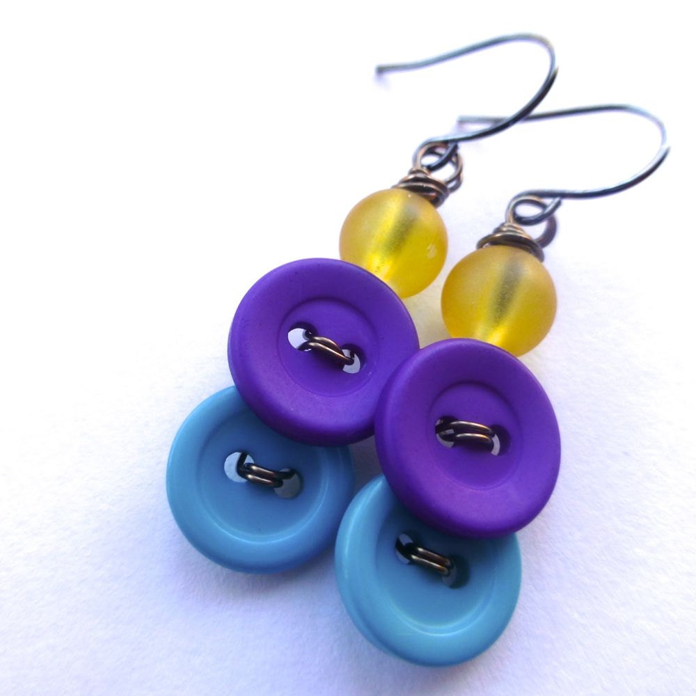 Aqua and Purple Vintage Button Earrings with Yellow Beads