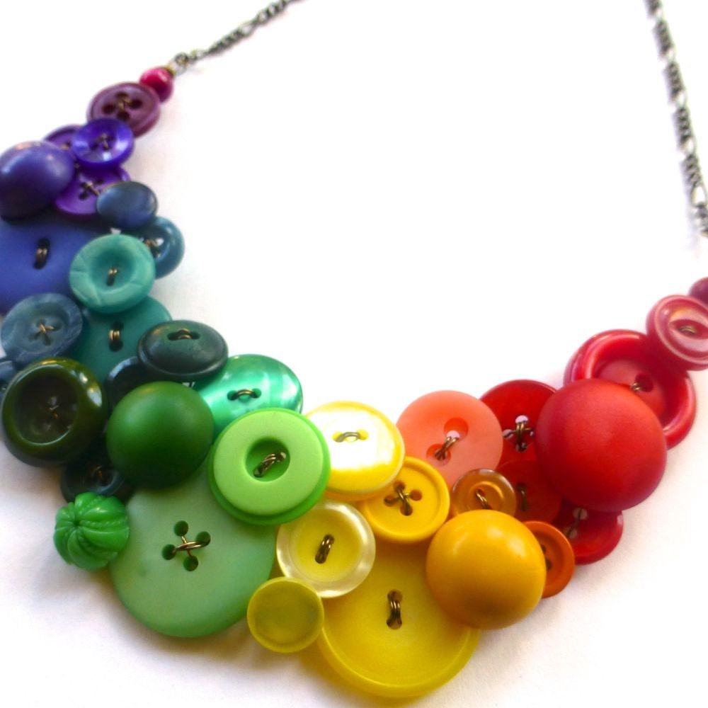 Huge Button Bib Statement Necklace - Bold Bright Colorful Rainbow