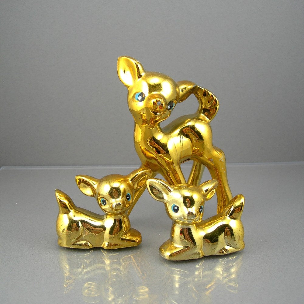 Deer Figurines (3) Metallic Gold Paint Ceramic Brinn's Pittsburg PA Made in Japan Vintage Circa 1950s Animal Home Decor Collectible