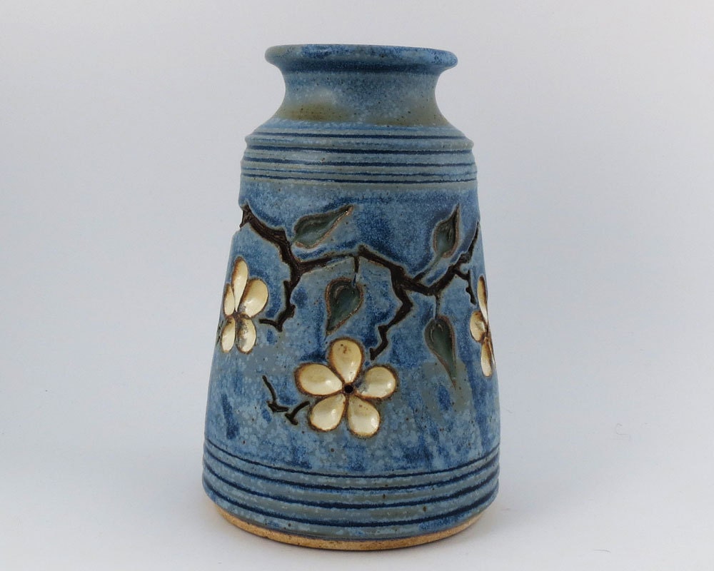 Vase with Carved Cherry Blossoms - French Blue / Handmade Wheel Thrown Pottery
