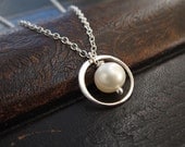 Tiny eternity pearl necklace, freshwater pearl, sterling silver ring, white, cream, silver necklace