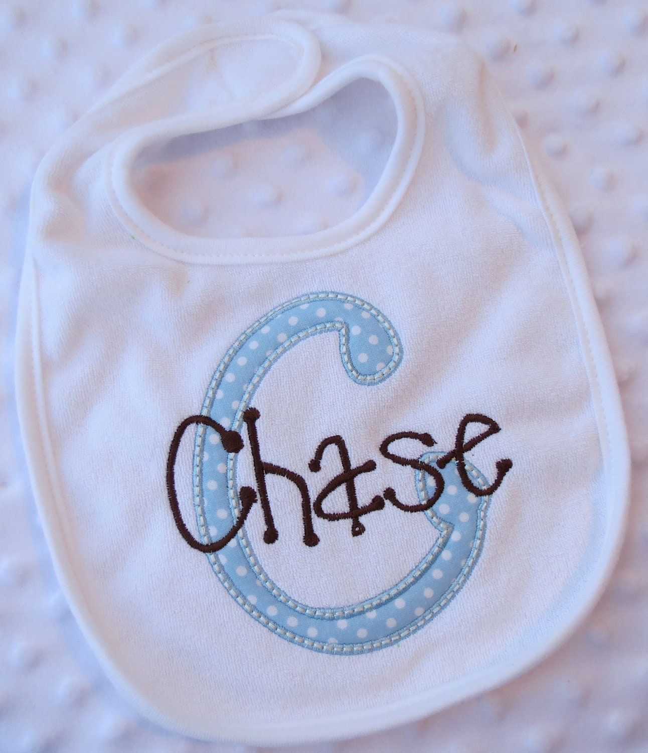 Personalized gift Bib with Appliqued INiTiaL and embroidered name for baby boy in blue and brown