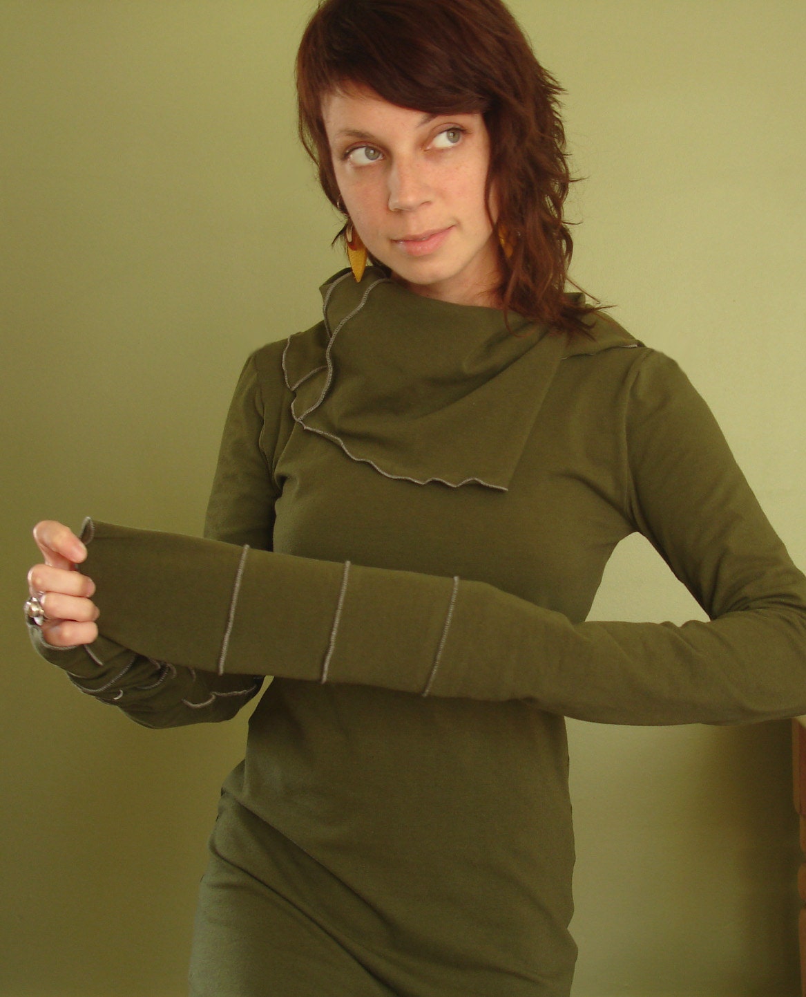 cowl tunic dress extra long sleeves OLIVE GREEN