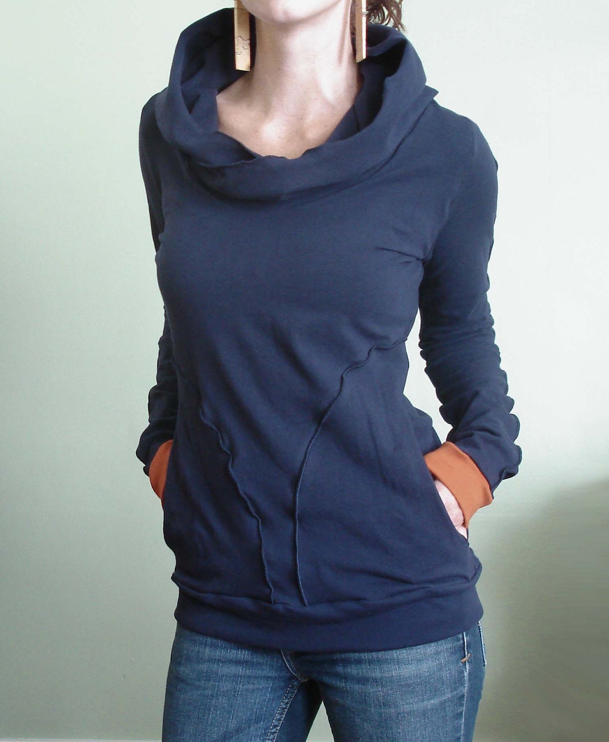 hooded top with pockets Navy/Rust Orange