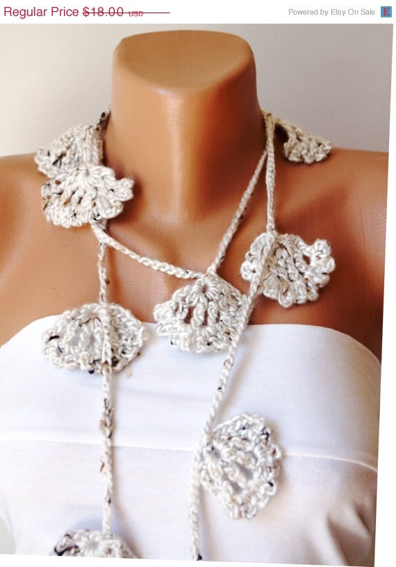 SALE - Winter Grey, Handmade, Grey Crochet,  Flower Lariat, Scarf, Necklace