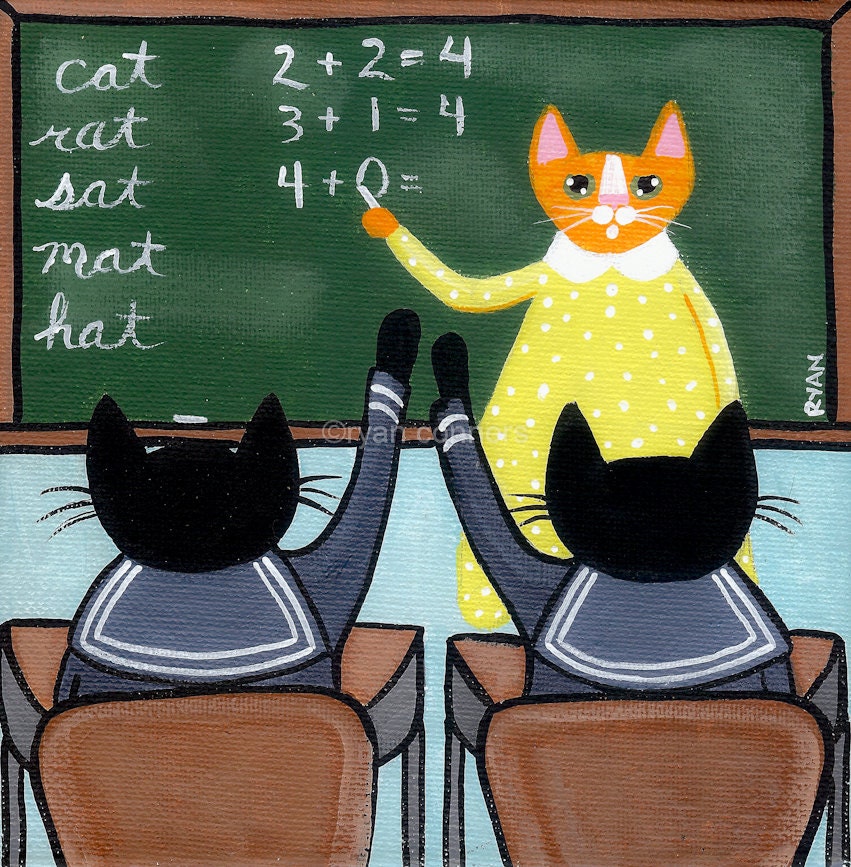 Back To School Cats Original Folk Art Painting