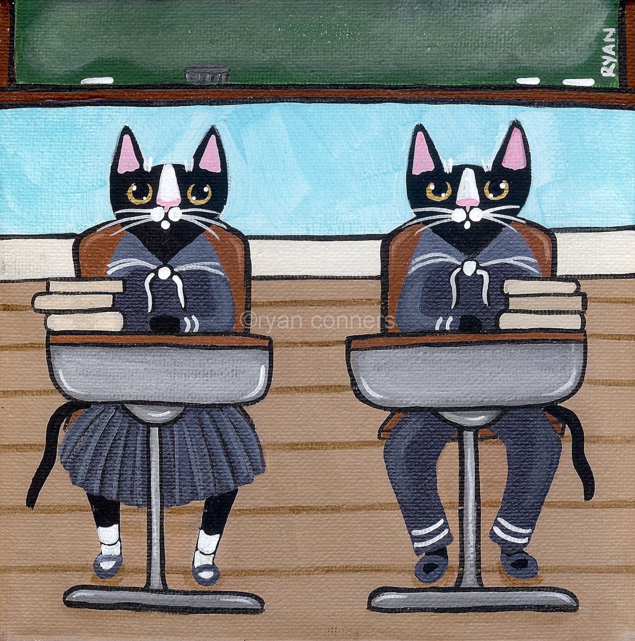 Back To School Cats Original Folk Art Painting