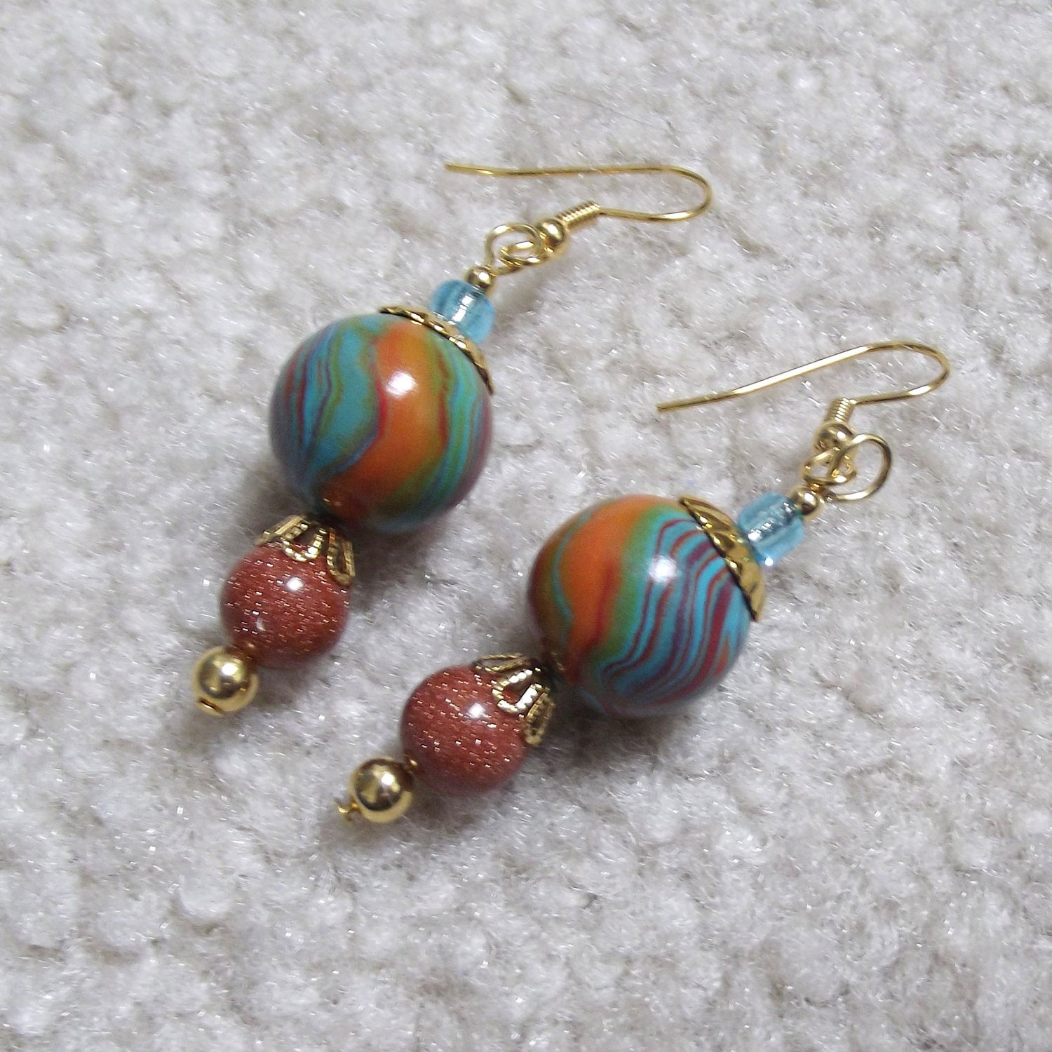 Teal Orange Earrings, Green, Polymer Clay Beads, Goldstone, Autumn