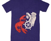 Lobster vs Sea Captain - V-neck T-shirt Red Nautical Beard Mustache Pipe Sea Sailor Ocean Lobster Claw Indigo Vneck Tshirt