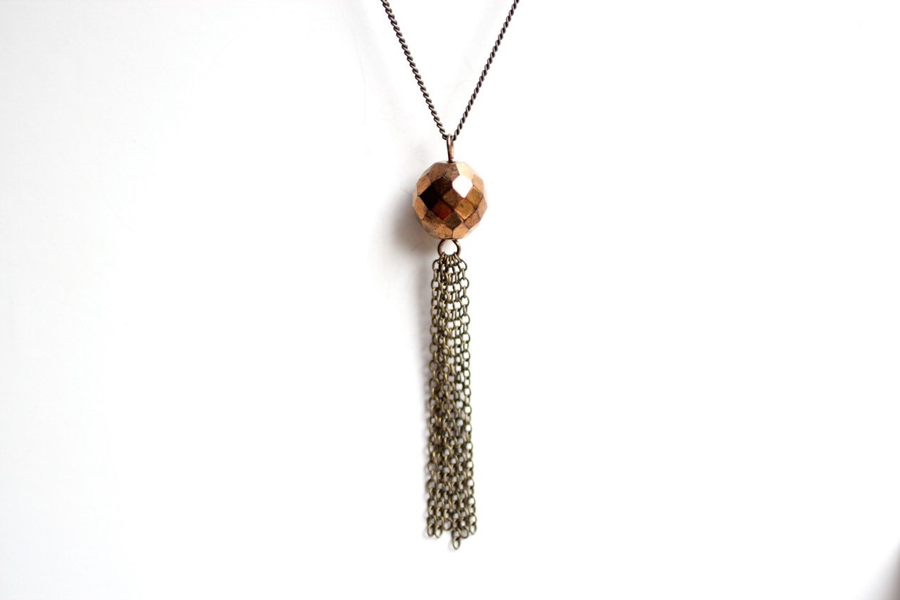 Geometric Faceted Globe Tassel Necklace - Antiqued Brass Chain