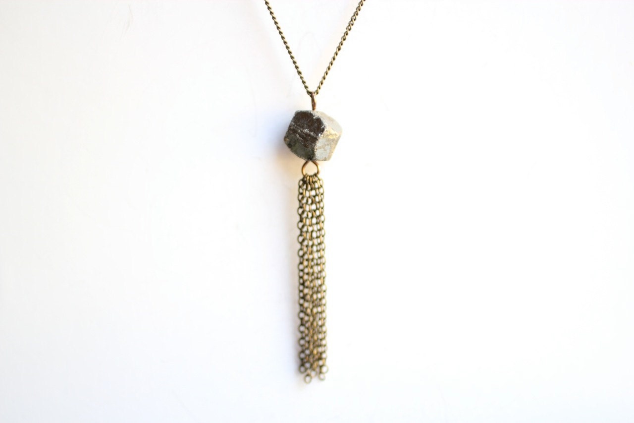 Pyrite Nugget Gold Necklace with Tassel - Vintage Oxidized Brass Chain