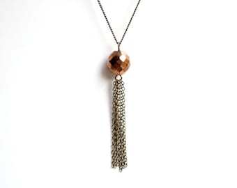 Geometric Faceted Globe Tassel Necklace - Antiqued Brass Chain