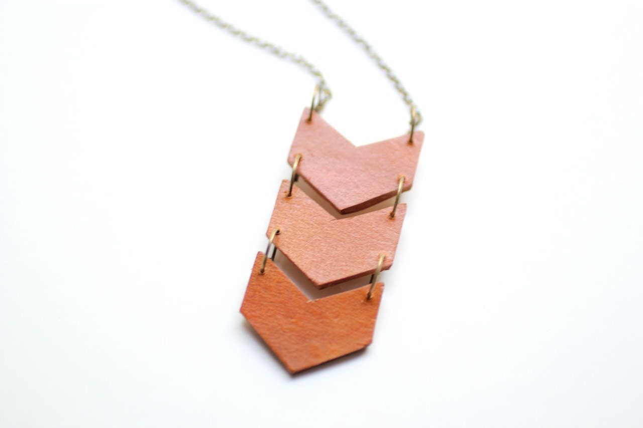 Geometric Leather Tan Triple Chevron Necklace - Antiqued Brass Chain