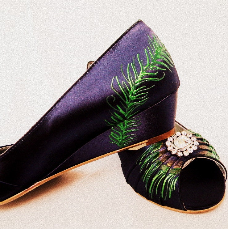 Wedding Shoes Grape purple peacock feather Sale custom wedge bridal accessory low heel peep toe Tamara