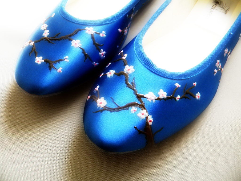 Wedding Shoes Indigo blue flats cherry blossom branches and flowers