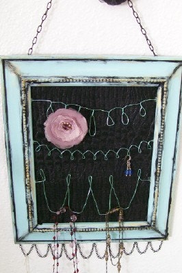 Hand Made Vintage Frame Jewelry Organizer in Spa Blue & Black