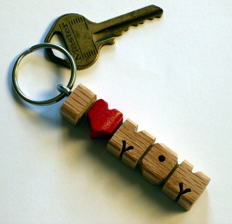 Oak Wood Name - i Heart Keychain - Any Name Up to 11 Letters - Made to Order in the USA