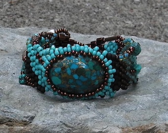 Free Form Peyote Stitch Beaded Bracelet Beaded Cuff Beaded Cabochon - Bead Weaving  - Tijeras