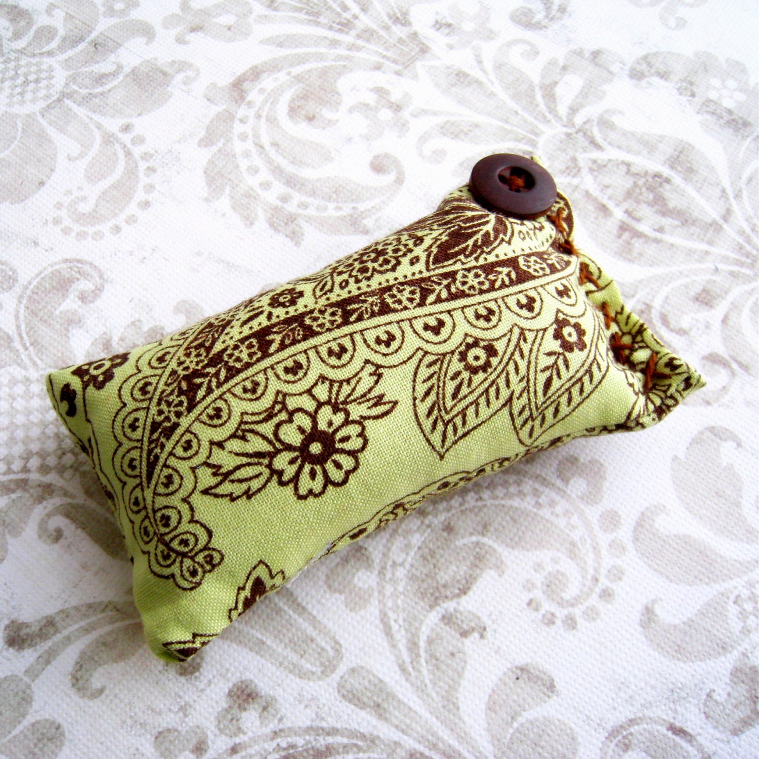 YART SALE Jumbo Size Emery Pincushion - Pistachio Green, Brown Paisley