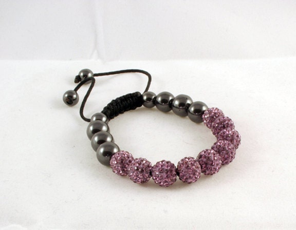 Unisex Shamballa bracelet Violet Black Organic Pave Rhinestones Swarovski- Fits 6 to 8 inches wrist