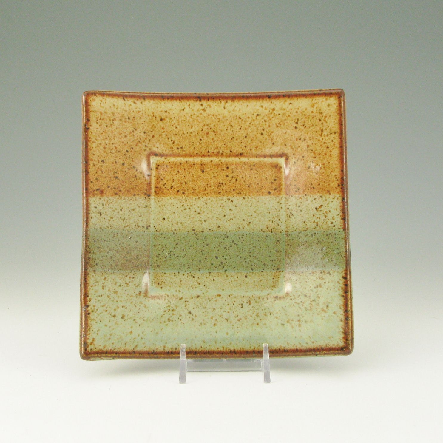 Bread-and-Butter Plate, ONE Side Dish,  Small Dessert Plate, 6 Inch Square, Honey Brown and Sage Green - Ready To Ship