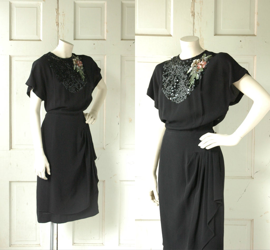 1940s Crepe Dress / Vintage Black Dress