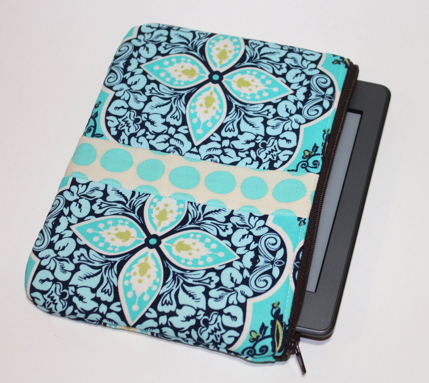 Kindle / Kindle Touch Sleeve - Small - Padded eReader Case - Turquoise Pressed Flowers