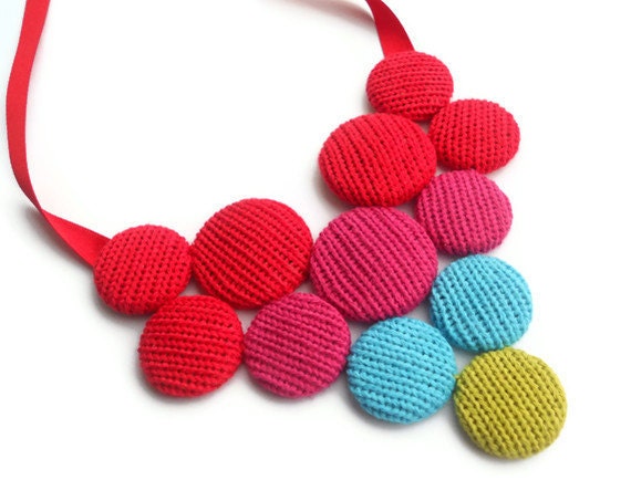 Bubble Drop- Cotton Knitted Necklace - Red, Pink, Turquoise and Lime