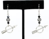 Steampunk Hunger Games Inspired Antiqued Silver Arrow Earrings with Filigree and Swarovski Jet Black Crystal Beads by Velvet Mechanism