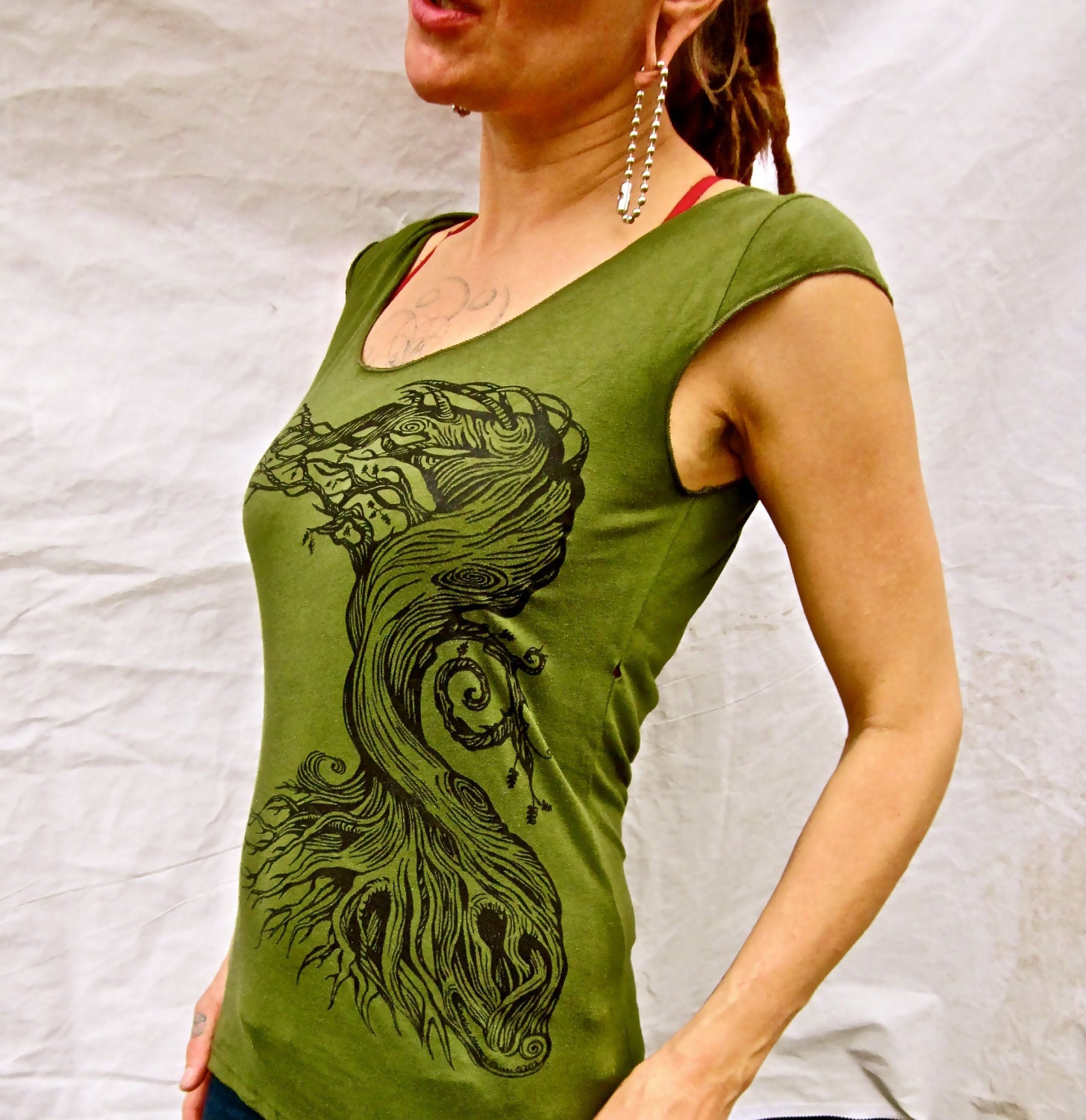 Green Ancient Oak Capsleeve Sheer Jersey Cotton Tshirt Sizes Sm, M, L, XL