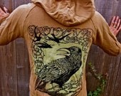 Two Color Printed Triple Raven Crow Hoodie Khaki Green 100 percent Cotton Fleece Junior Sizing M and L