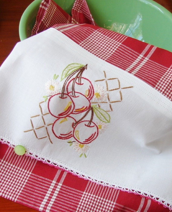 Sweet Cherries a Tea Towel with a Vintage Touch - Vintage Recycled to Upcycled Homepsun Home Decor