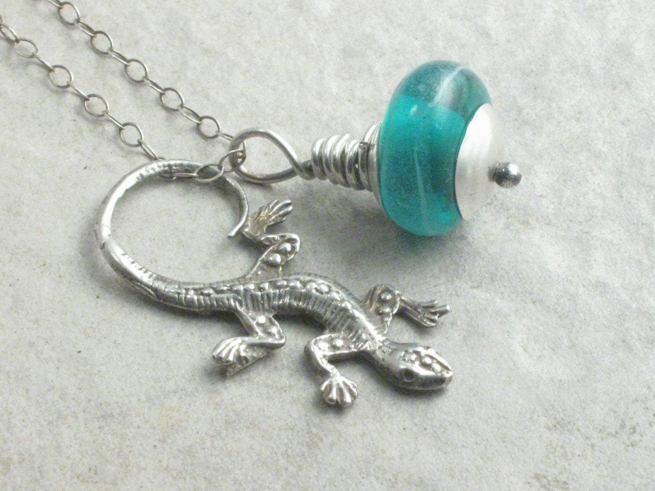 Lizard Lantern --- Sterling Silver Lizard and Glow in the Dark lampwork Bead on a Sterling Silver Chain Necklace