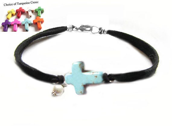 Turquoise Cross Bracelet Wire Wrapped Black Leather Suede Dangle Bead Jewelry