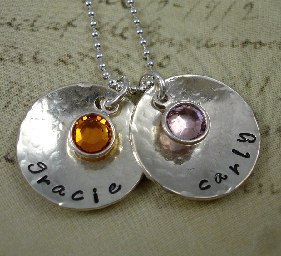 Two Disc Personalized Jewelry - Sterling Silver Hand Stamped Necklace - Moms Grandmas Handstamped