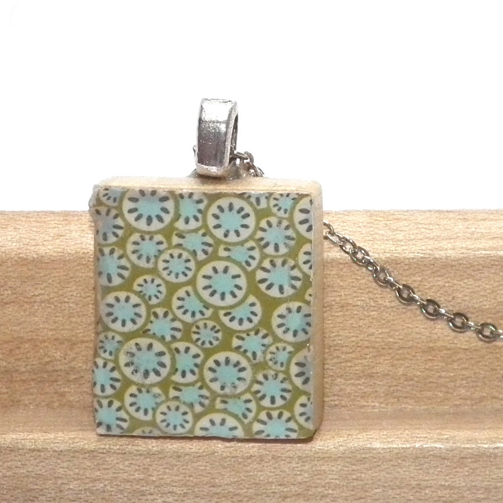 Olive Green Flower Spots Scrabble Tile Pendant