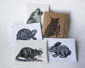 Mix and Match Set of 5 Animal Linocut Blank Greeting Cards